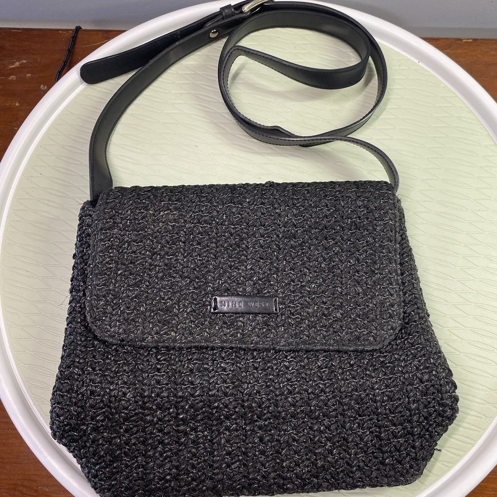 Nine West 90's Women's Classic Black Woven Straw Shoulder Purse-adj. Strap